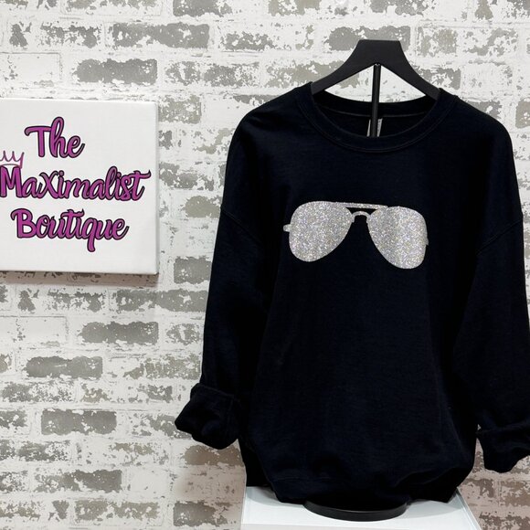 The Shady Sweatshirt – Black Pullover with Glitter Aviator Sunglasses Graphic - Picture 3 of 7